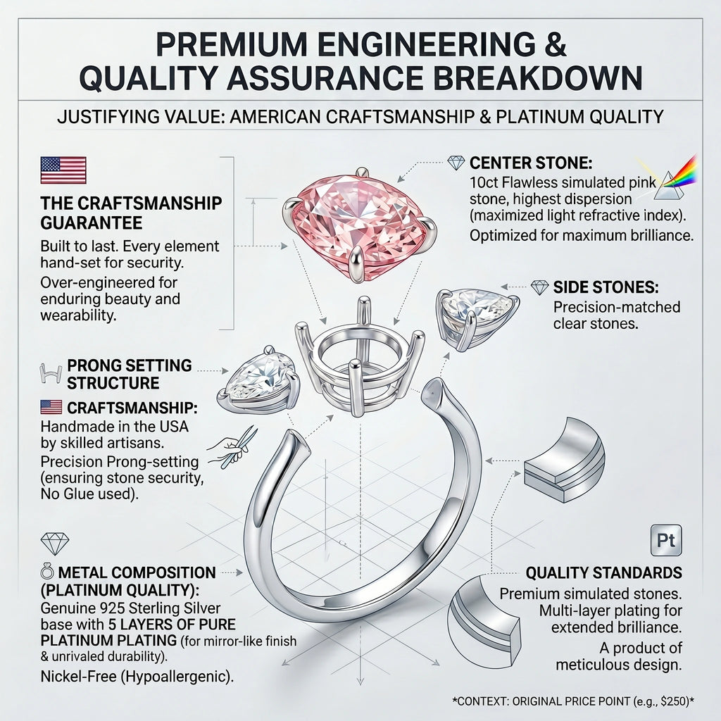 🚨 90% OFF TODAY: The "Rosalie" Handcrafted Statement Ring: Platinum-Plated Finger-Slimming Design | 10ct Pink Diamond Alternative
