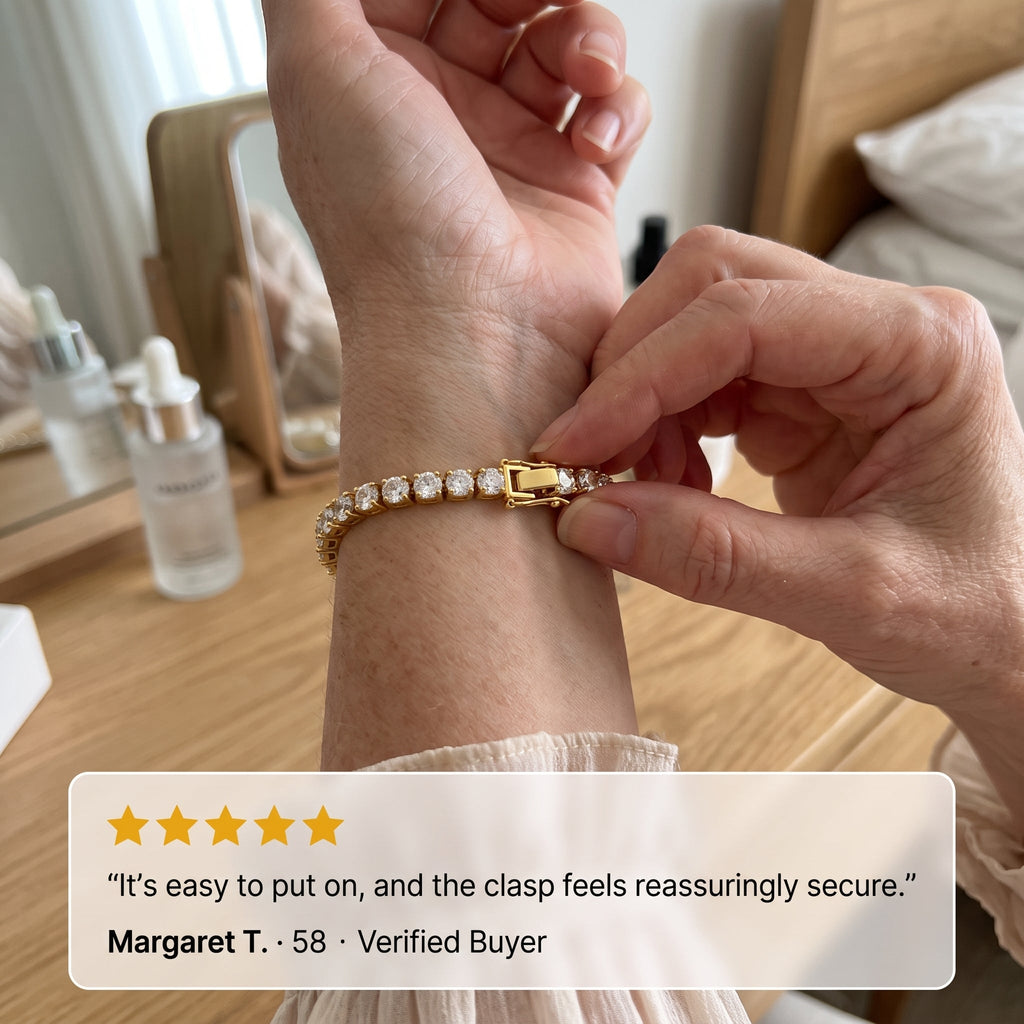 🔥 LAST DAY — 90% OFF 🔥 Dazzling 4mm Moissanite Tennis Bracelet – Diamond-Like Fire, 14K Gold Finish & Secure Double-Lock Clasp