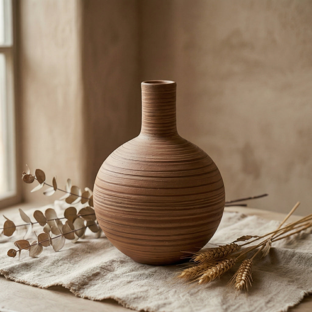 Rustic Striped Round Ceramic Vase