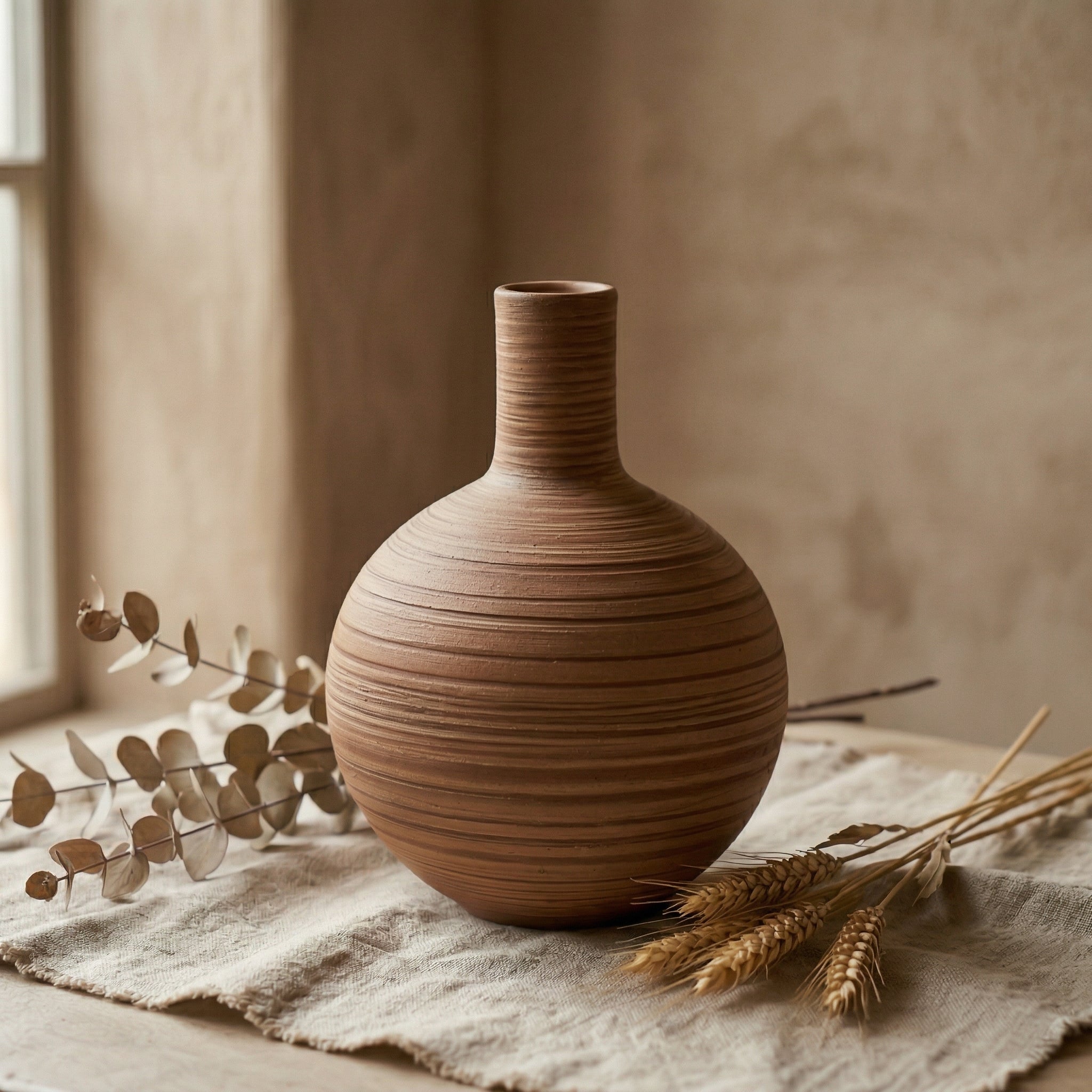 Rustic Striped Round Ceramic Vase