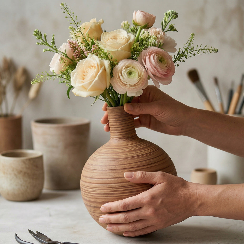 Rustic Striped Round Ceramic Vase
