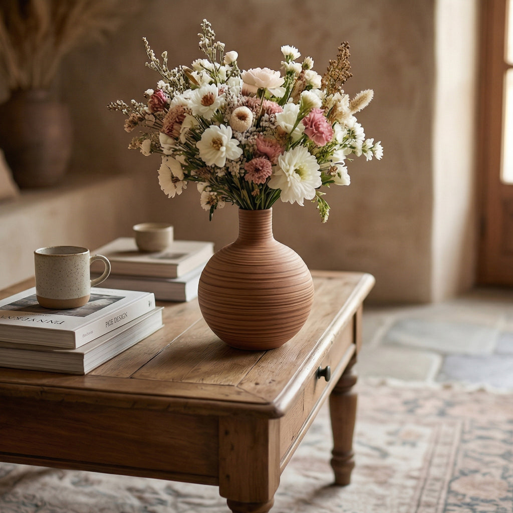 Rustic Striped Round Ceramic Vase