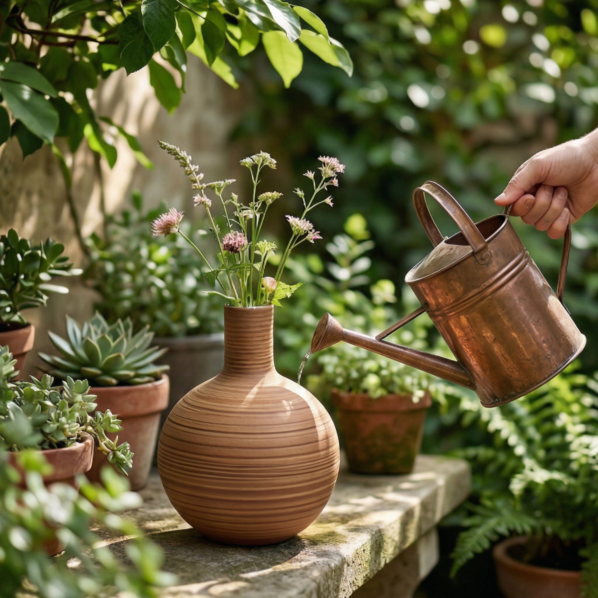 Rustic Striped Round Ceramic Vase
