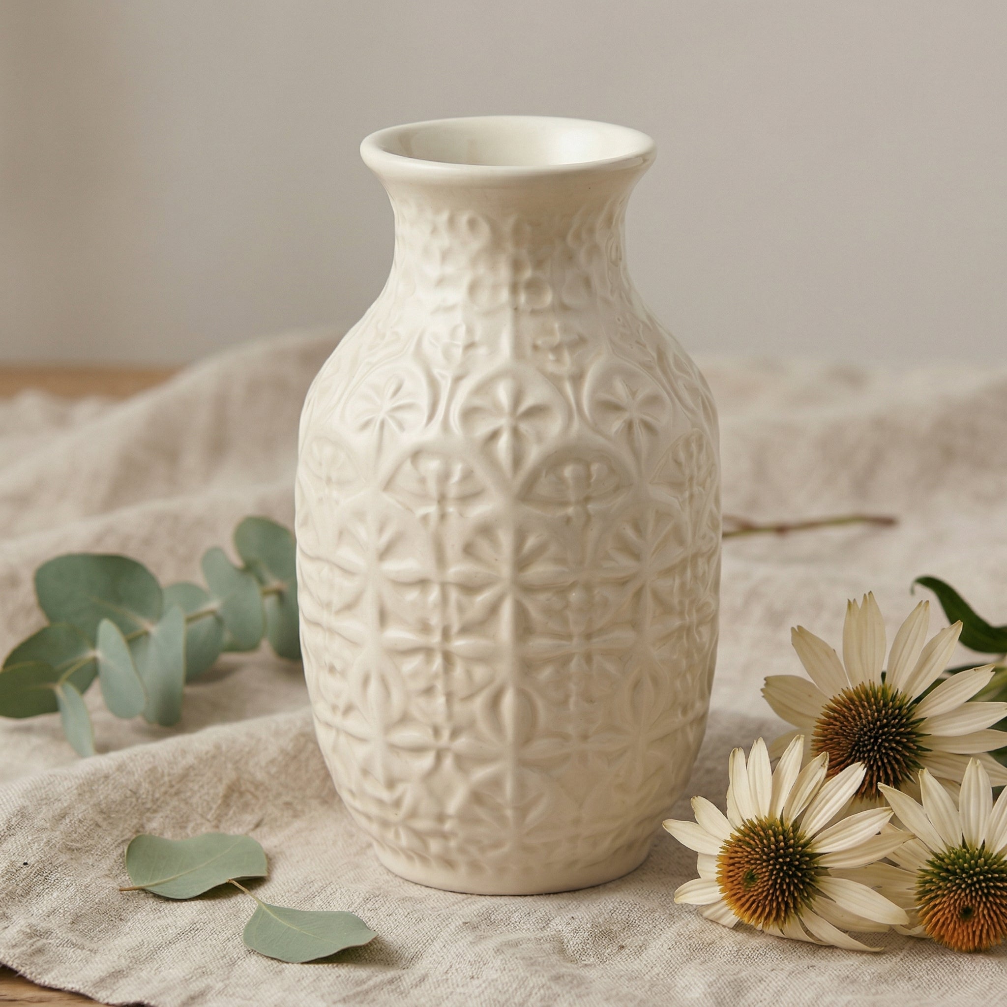 Embossed White Ceramic Floral Vase