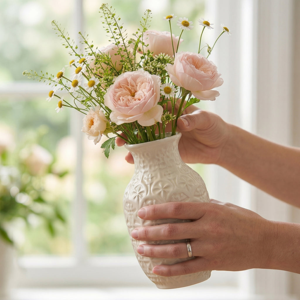 Embossed White Ceramic Floral Vase