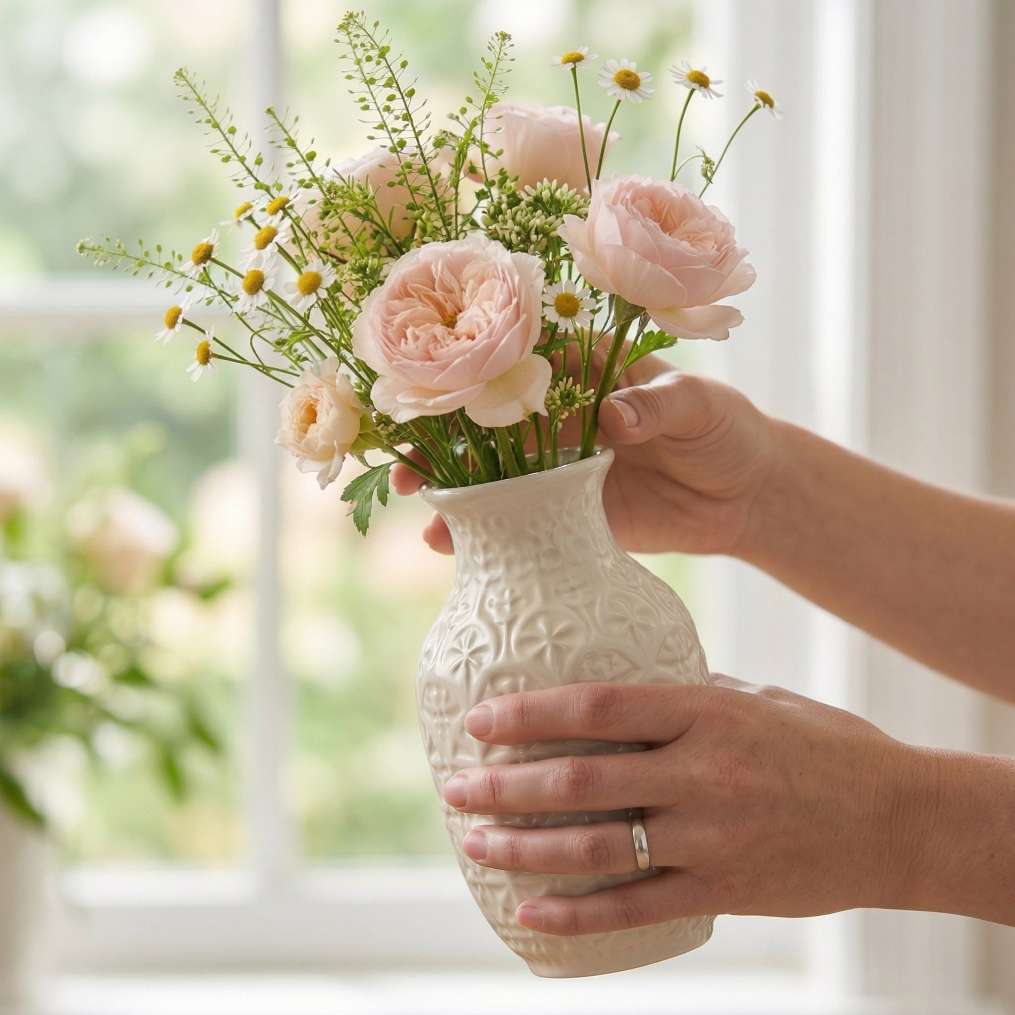 Embossed White Ceramic Floral Vase