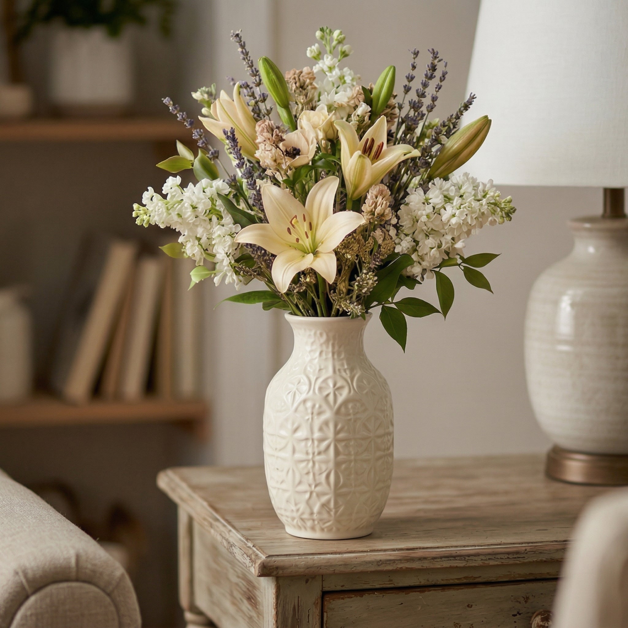 Embossed White Ceramic Floral Vase