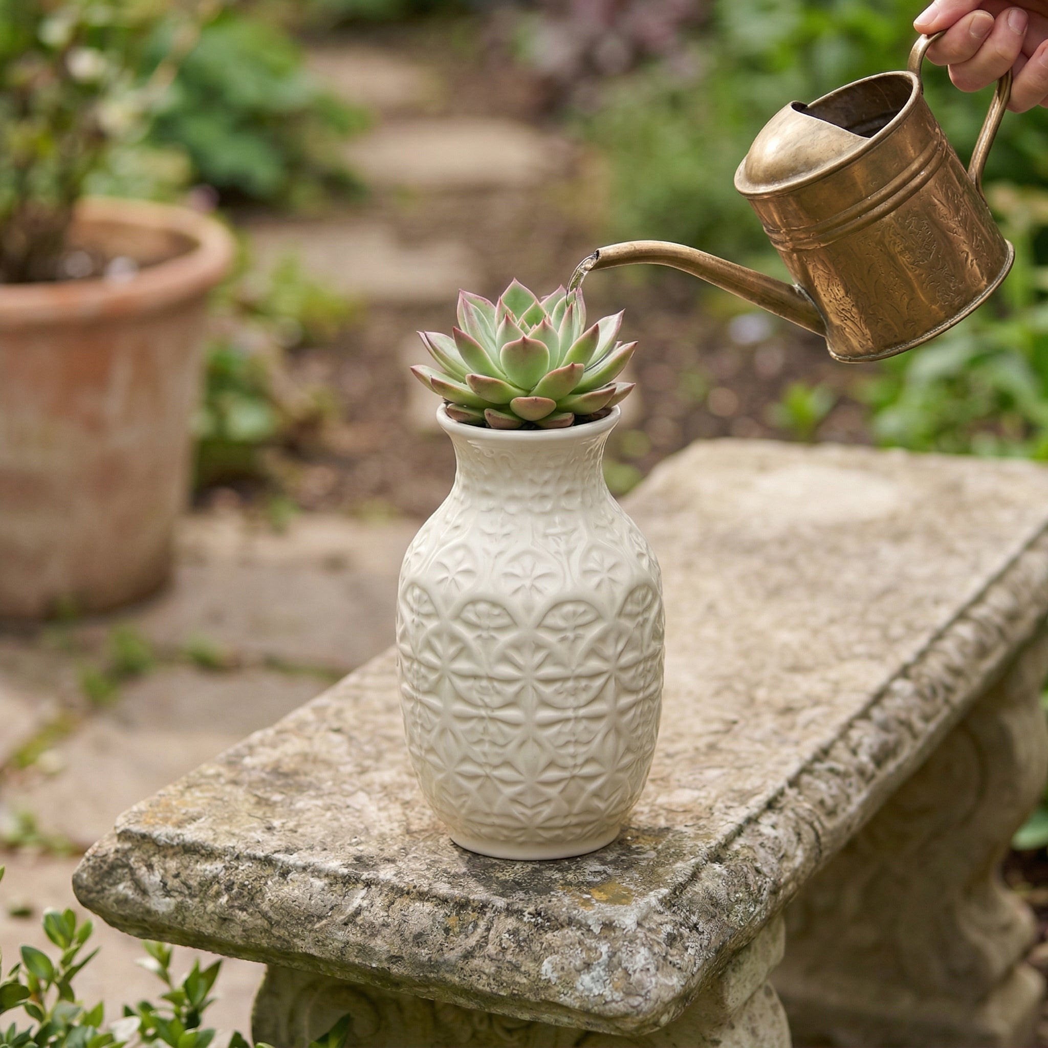 Embossed White Ceramic Floral Vase