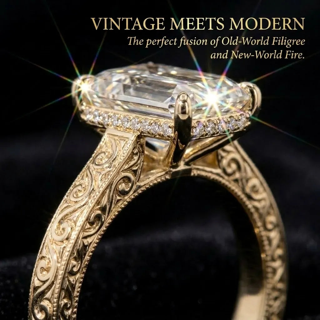 Timeless Elegance: Exquisite Elongated Emerald Cut Hand-Engraved Ring with Hidden Halo | Last Day Sale-90% OFF🔥