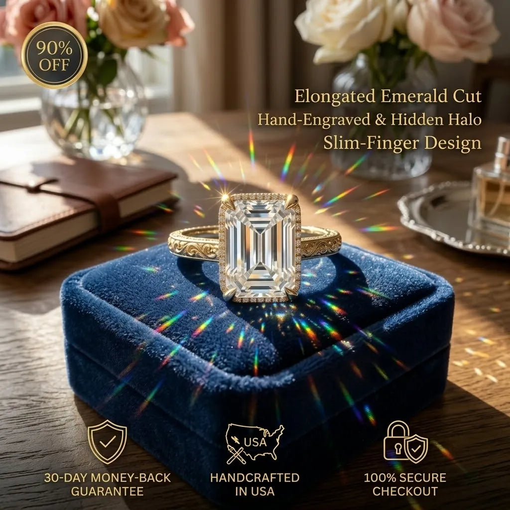 Timeless Elegance: Exquisite Elongated Emerald Cut Hand-Engraved Ring with Hidden Halo | Last Day Sale-90% OFF🔥