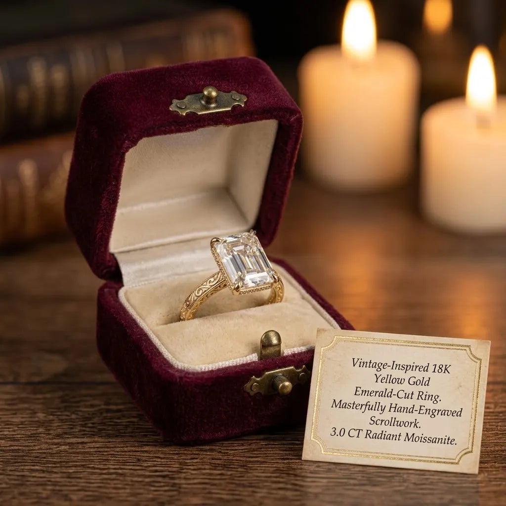 Timeless Elegance: Exquisite Elongated Emerald Cut Hand-Engraved Ring with Hidden Halo | Last Day Sale-90% OFF🔥