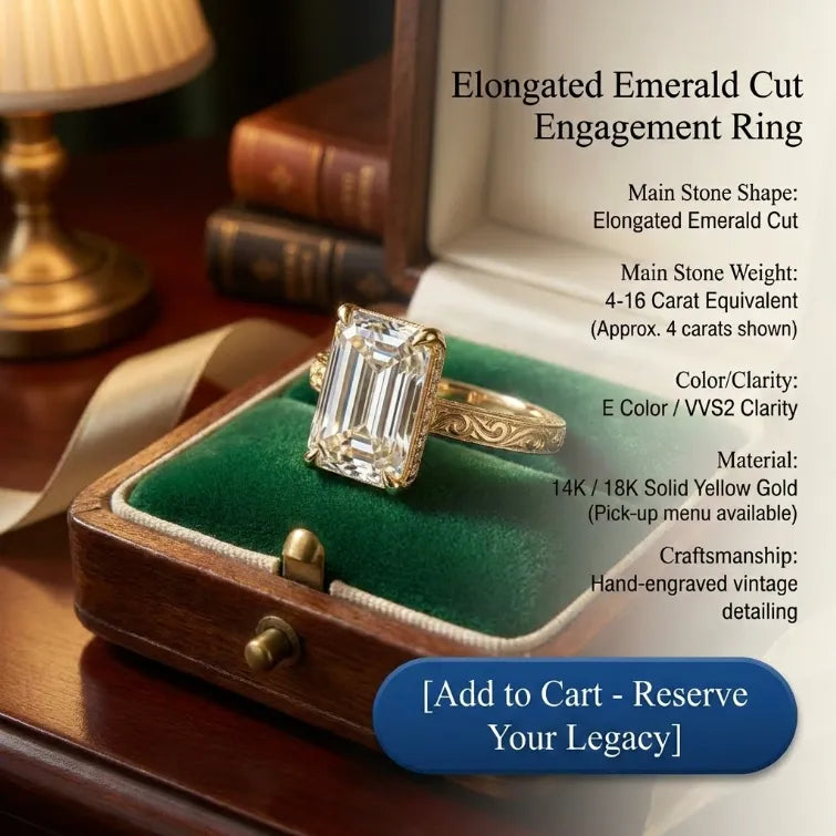 Timeless Elegance: Exquisite Elongated Emerald Cut Hand-Engraved Ring with Hidden Halo | Last Day Sale-90% OFF🔥
