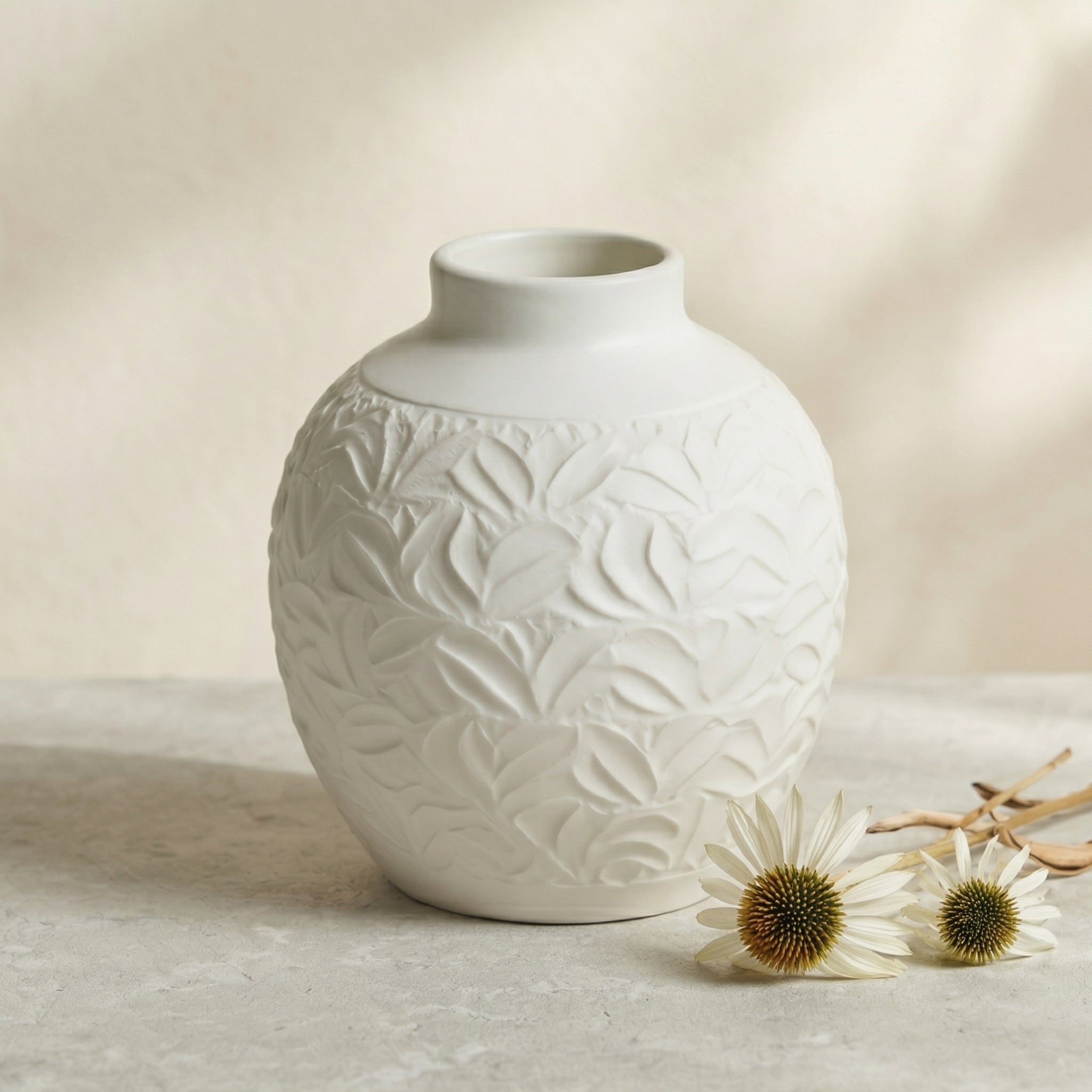 Embossed White Floral Ceramic Vase