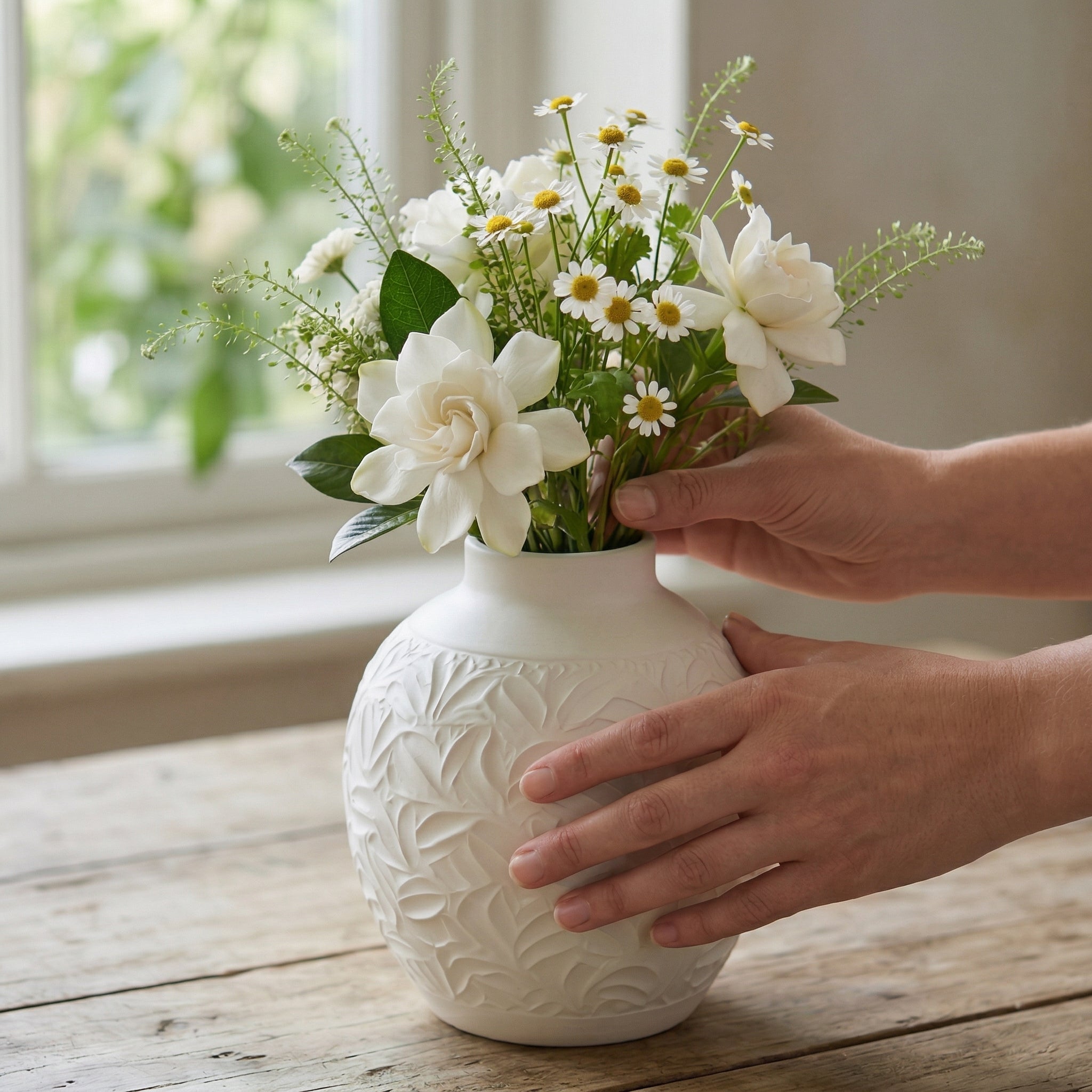 Embossed White Floral Ceramic Vase