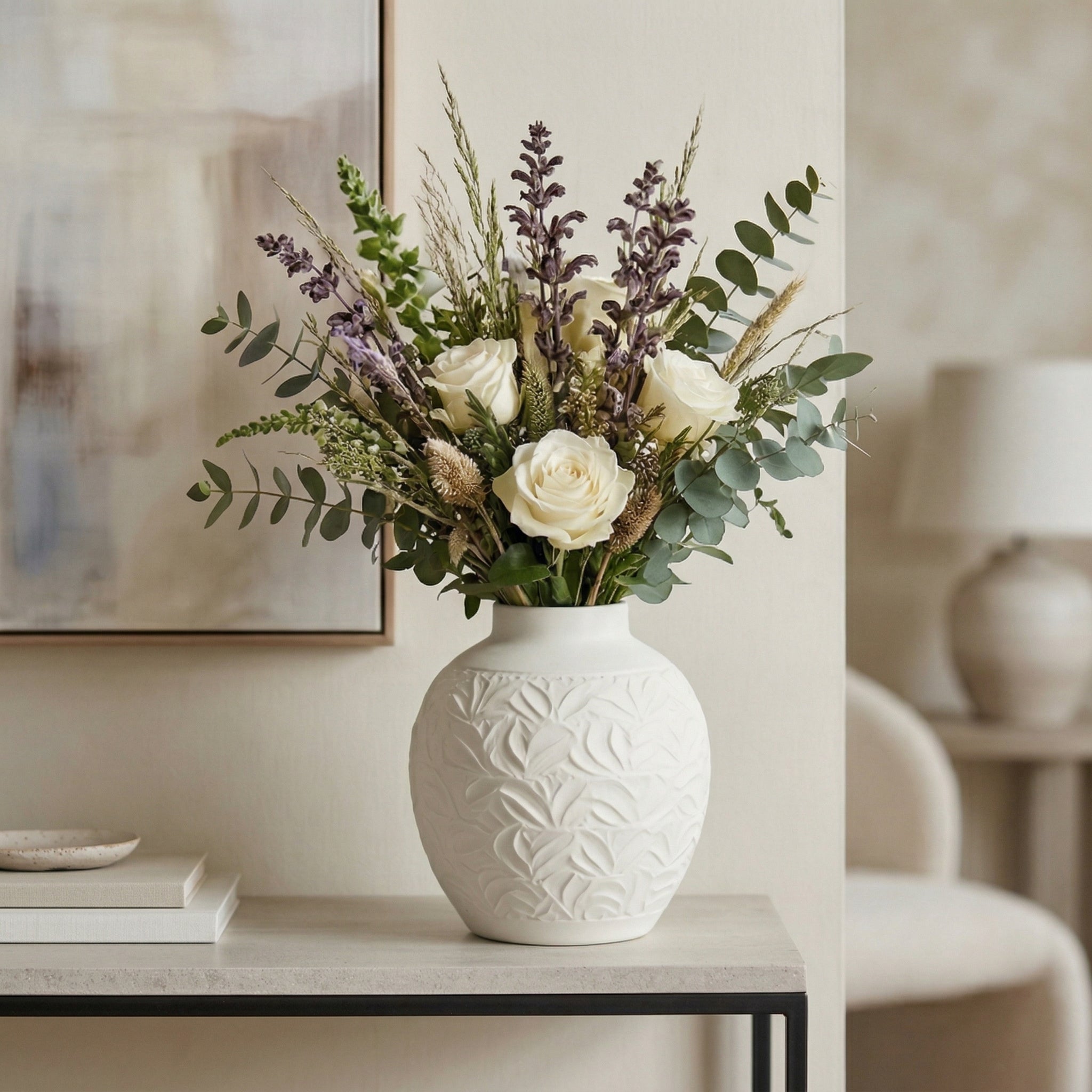 Embossed White Floral Ceramic Vase