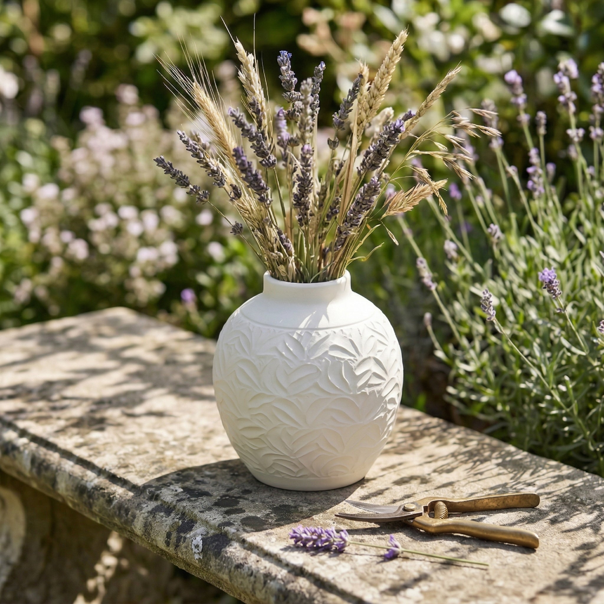 Embossed White Floral Ceramic Vase